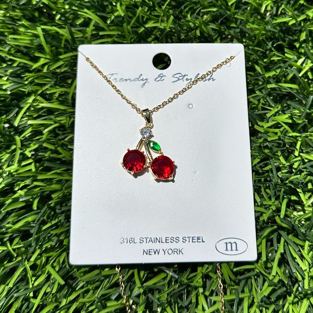 Cherry Pendant Necklace - Gold and Red